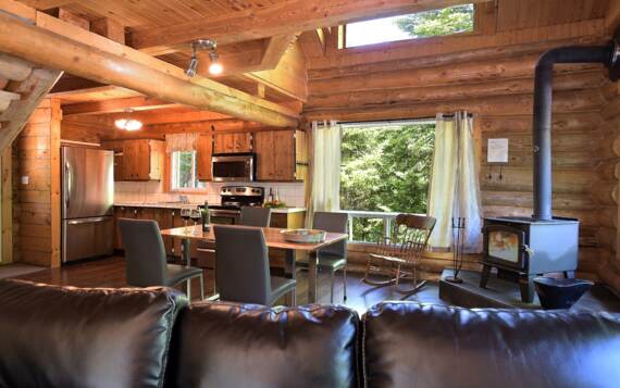 Cuisine toute équipée avec poêle à bois vitré chalet bois rond en location