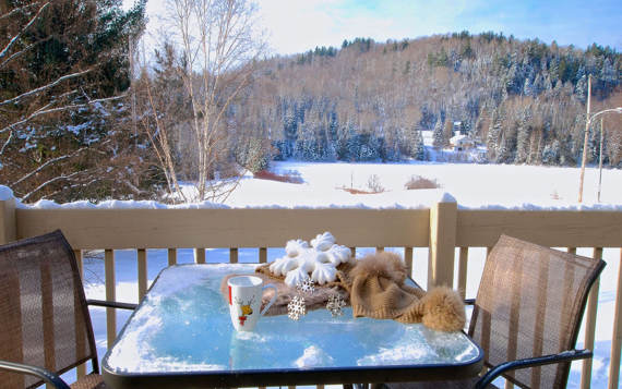 Terrasse chalet à louer Le Vacancier avec vue sur l'eau pour personne seule ou couple