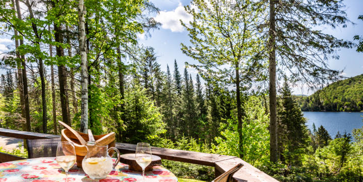 Terrasse avec vue sur le lac et ensemble patio chalet en location Le Sariane