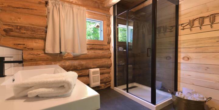Toilette et douche porte en verre chalet bois ronds en location 